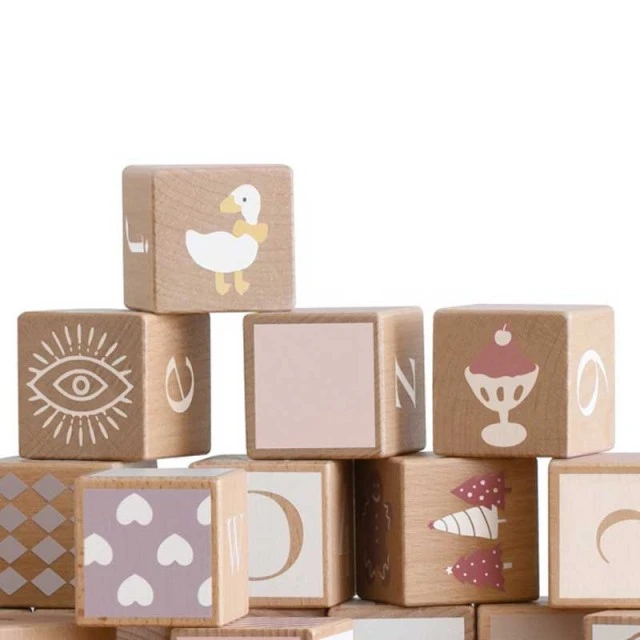 Children’s constructor of wooden blocks with different symbols