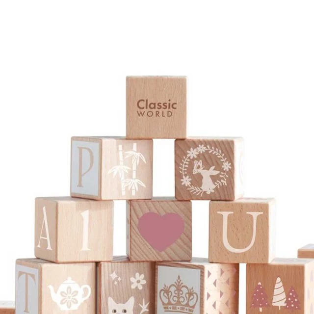 Children’s constructor of wooden blocks with different symbols