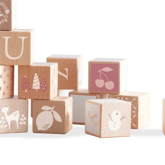 Children’s constructor of wooden blocks with different symbols