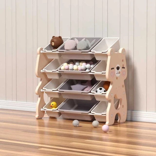 Children's organizer Pink bear for toys on 4 levels and 12 removable boxes