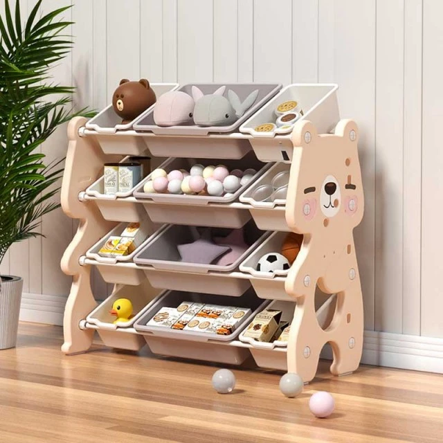 Children's organizer Pink bear for toys on 4 levels and 12 removable boxes