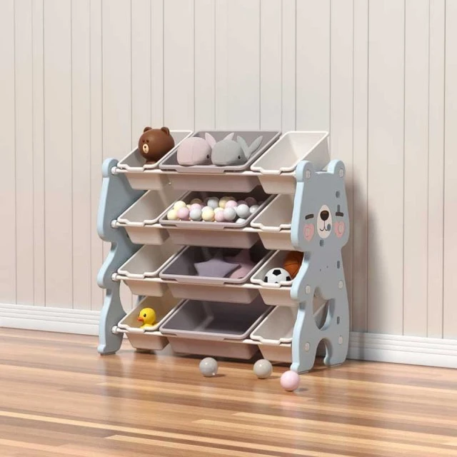 Children's organizer Blue bear for toys on 4 levels and 12 removable boxes