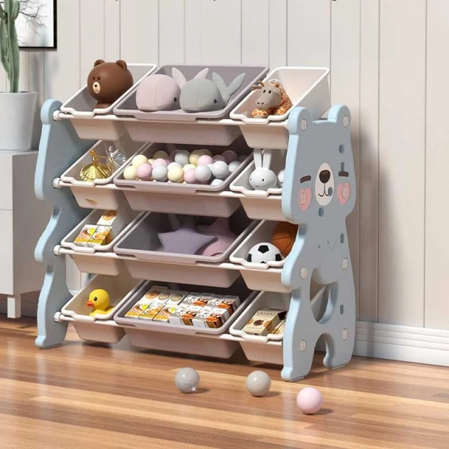 Children's organizer Blue bear for toys on 4 levels and 12 removable boxes