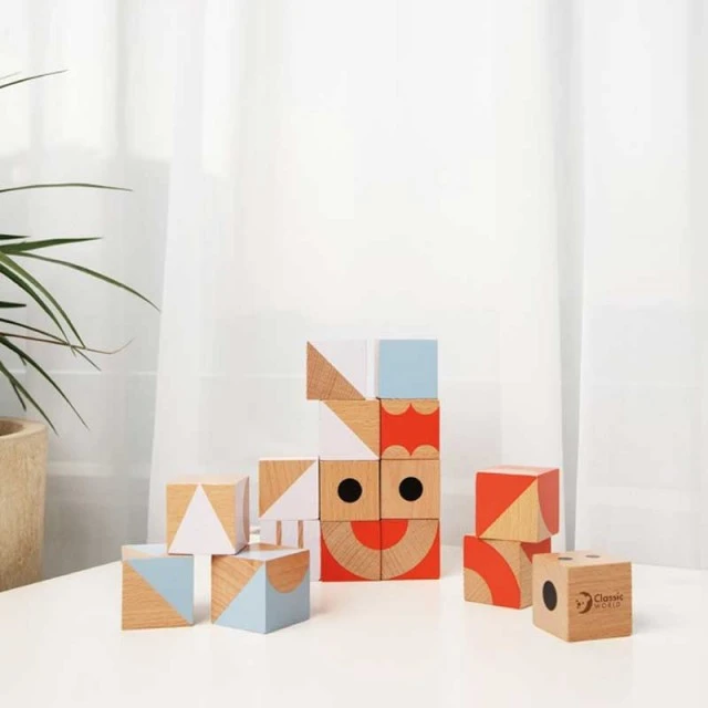Children’s puzzle of wooden cubes - geometric figures
