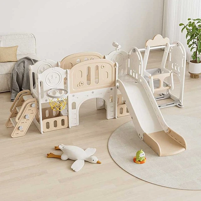 Children's adventure play center 11 in 1 with slide, climbing frame, swing and basketball hoop - brown