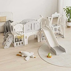 Children's adventure play center 11 in 1 with slide, climbing frame, swing and basketball hoop - gray
