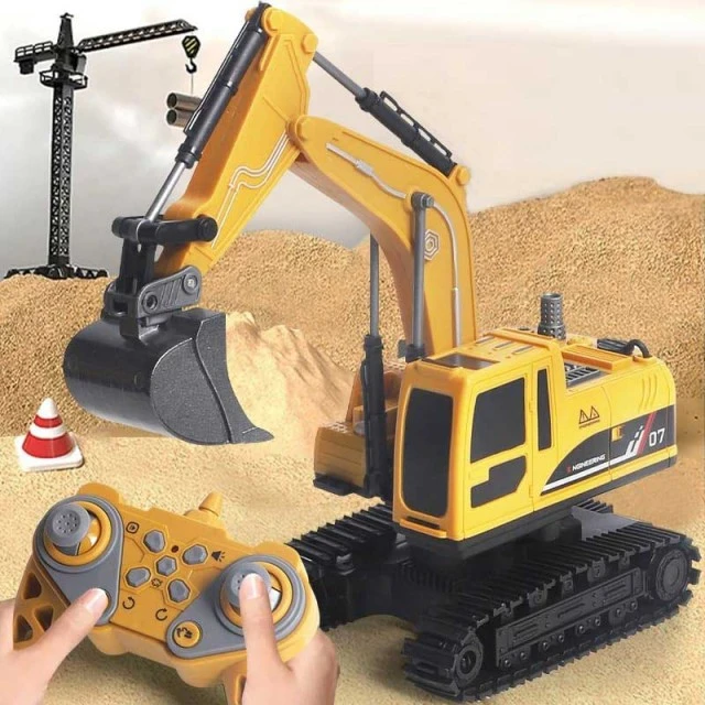 Children’s construction excavator with attachments, lights, sounds, smoke effects and 360° rotation, RC