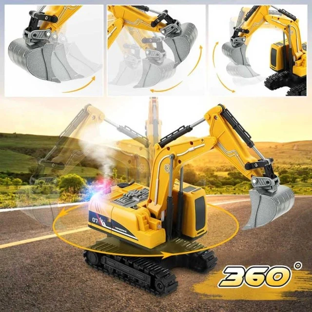 Children’s construction excavator with attachments, lights, sounds, smoke effects and 360° rotation, RC