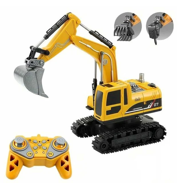 Children’s construction excavator with attachments, lights, sounds, smoke effects and 360° rotation, RC