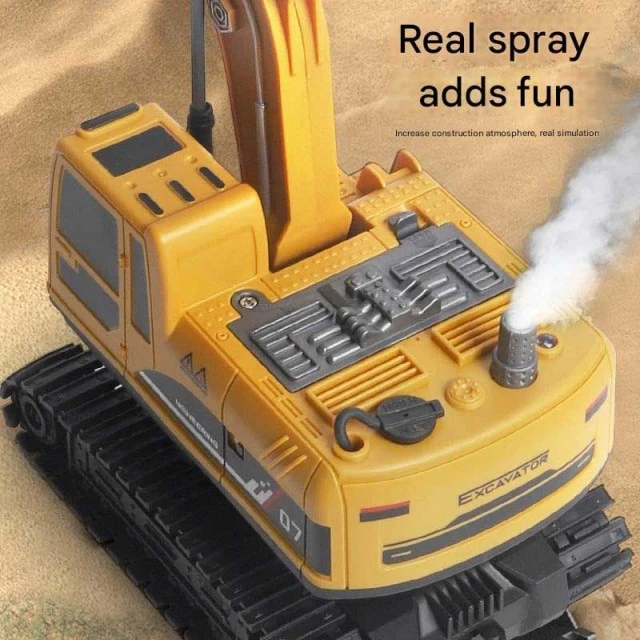 Children’s construction excavator with attachments, lights, sounds, smoke effects and 360° rotation, RC