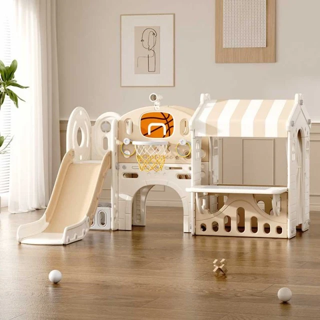Children's play center with slide, house and basketball hoop, brown