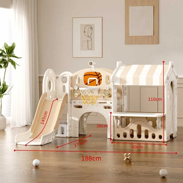 Children's play center with slide, house and basketball hoop, brown