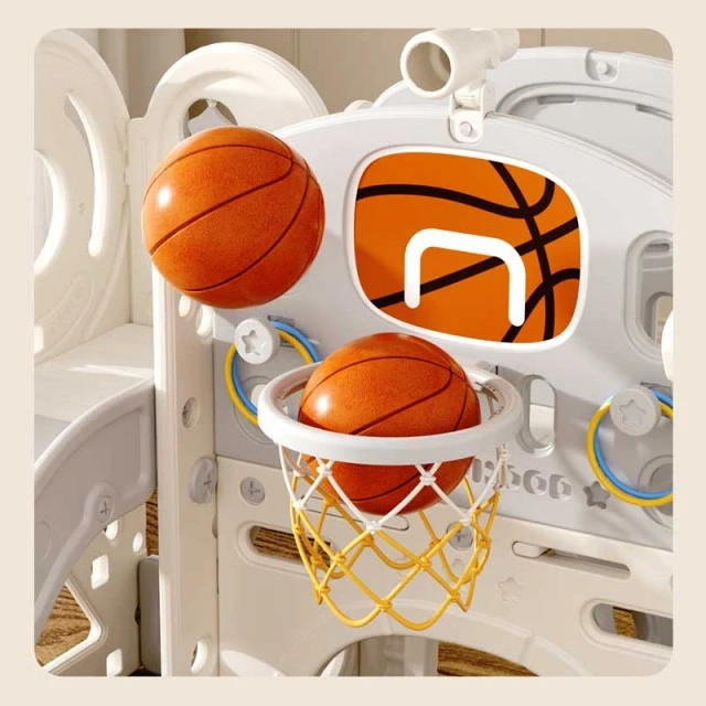 Children's play center with slide, house and basketball hoop, brown