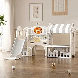 Children's play center with slide, house and basketball hoop, gray