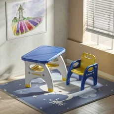 Children's writing and drawing desk with stool in blue and yellow