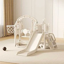 Feelkids Children's Playhouse with Slide, Swing and Basketball Hoop - Beige