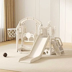 Feelkids Children's Playhouse with Slide, Swing and Basketball Hoop - Beige
