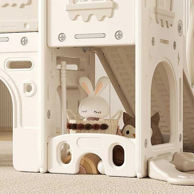 Feelkids Children's Playhouse with Slide, Swing and Basketball Hoop - Beige