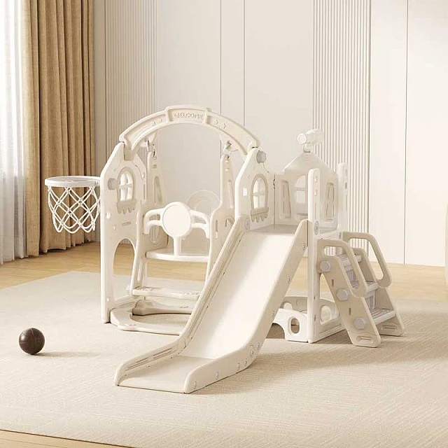 Feelkids Children's Playhouse with Slide, Swing and Basketball Hoop - Beige