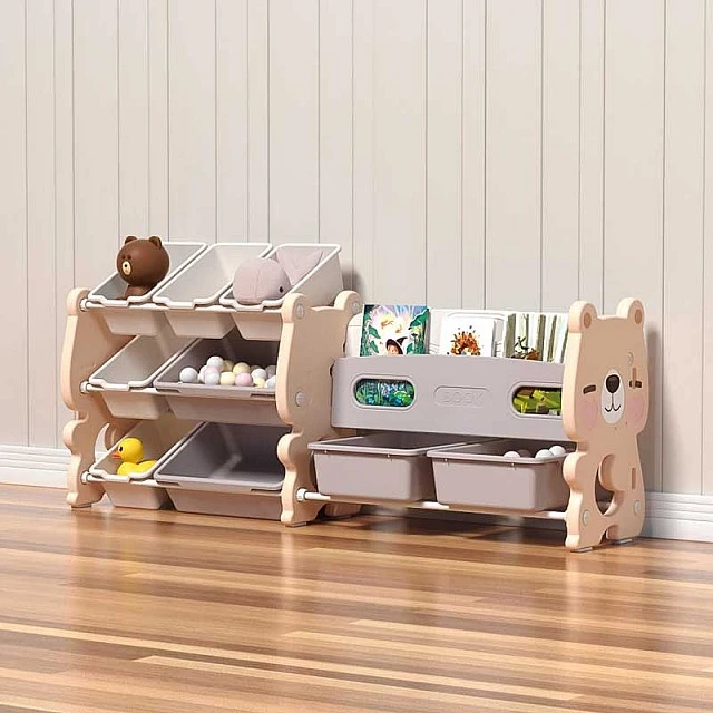 Combined plastic chest of drawers for storing toys and books - Pink bear
