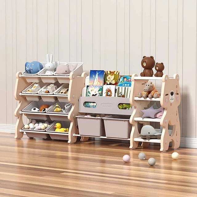 Combined plastic chest of drawers for storing toys and books - Pink bear