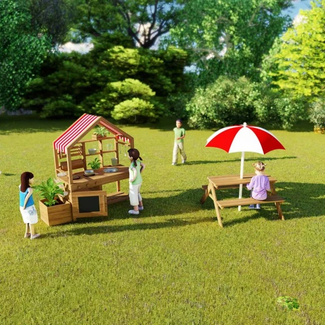 Set of children’s wooden bench with table for outdoor play