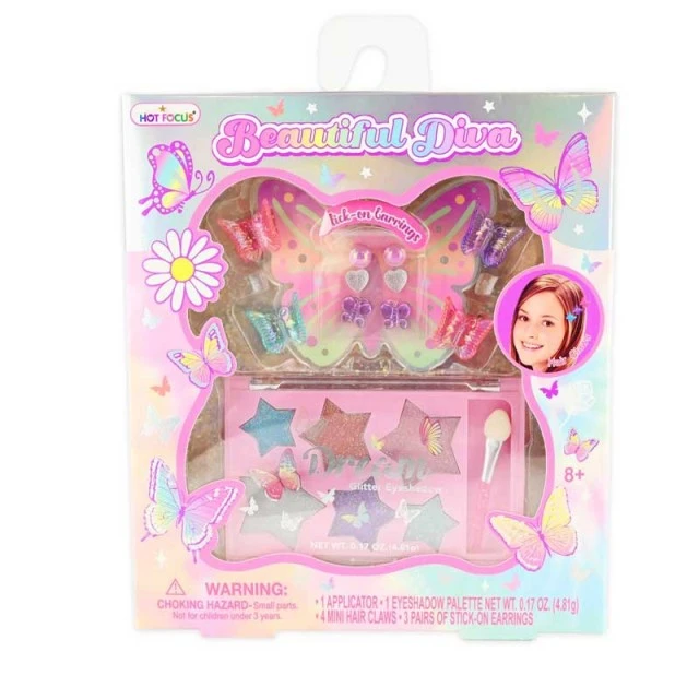 A set of glittery eyeshadows, hair clips and stick-on earrings for an easy and beautiful makeover