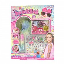 Set with glitter gloss, adhesive stickers and a three-color palette for children's makeup