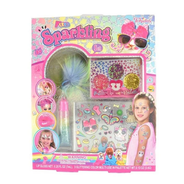 Set with glitter gloss, adhesive stickers and a three-color palette for children’s makeup