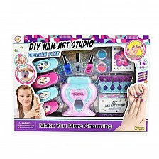Set with polishes, glitters, applicators and tools for nail decoration