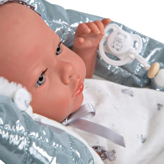 Baby doll Boria with shiny gray blanket and pacifier - 38 cm