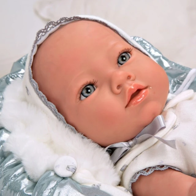 Baby doll Boria with shiny gray blanket and pacifier - 38 cm