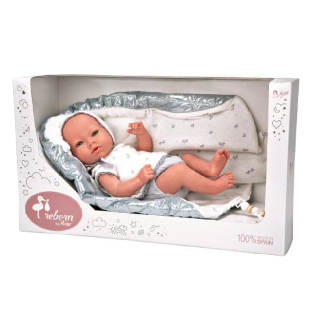 Baby doll Boria with shiny gray blanket and pacifier - 38 cm