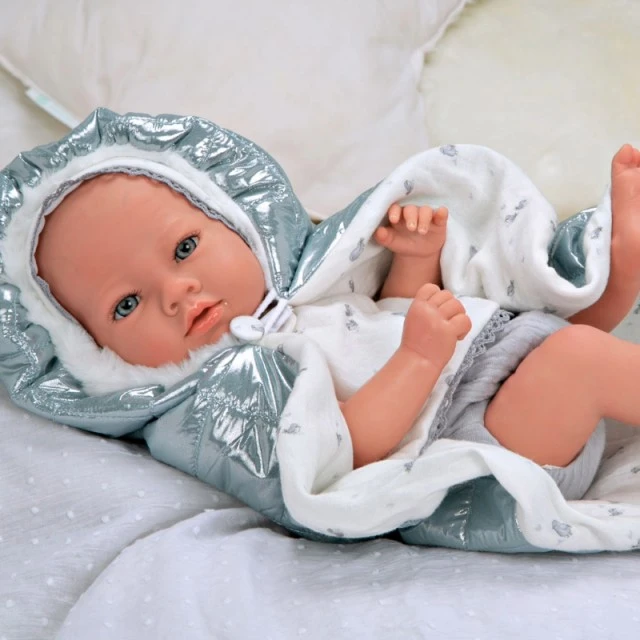 Baby doll Boria with shiny gray blanket and pacifier - 38 cm