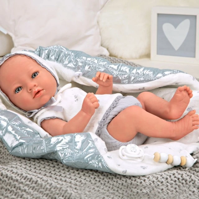 Baby doll Boria with shiny gray blanket and pacifier - 38 cm