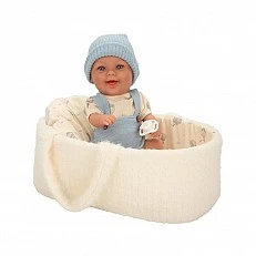 Baby doll Gaudi with blue jumpsuit and white basket - 33cm
