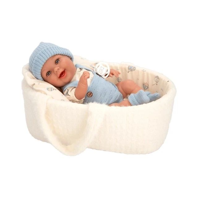 Baby doll Gaudi with blue jumpsuit and white basket - 33cm