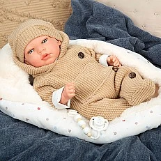 Baby doll Olona in a beige suit with a sleeping bag and a pacifier - 40 cm