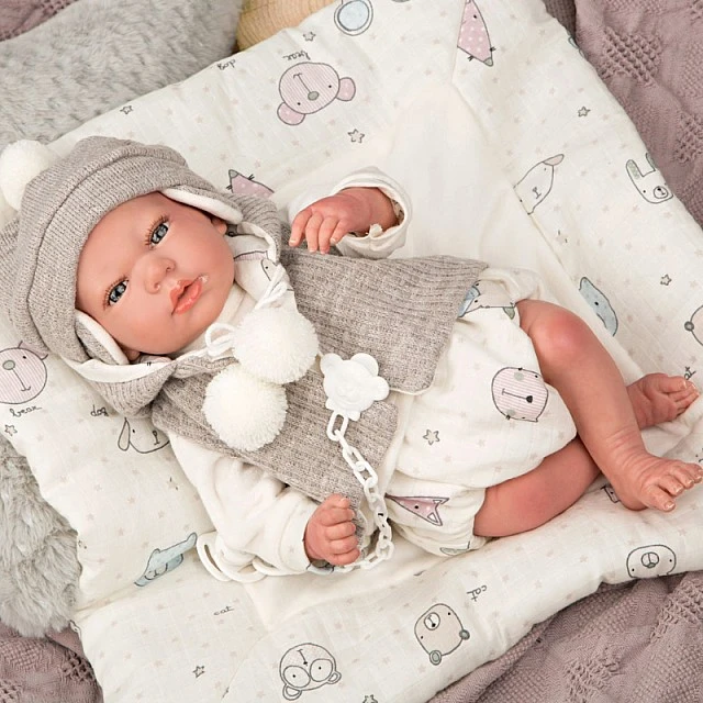Baby doll Vega with cream outfit and accessories - 40 cm