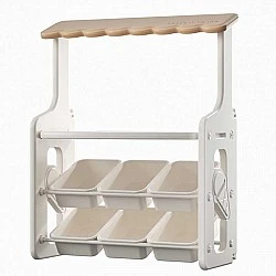 Multifunctional children's stand for role-playing games with tabletop and removable storage boxes, brown