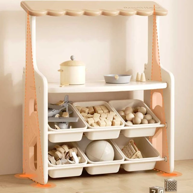 Multifunctional children's stand for role-playing games with tabletop and removable storage boxes, brown