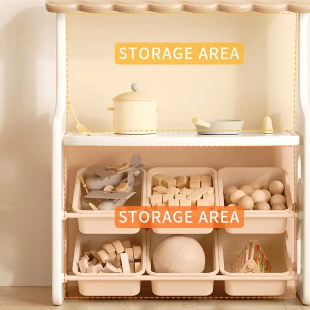 Multifunctional children's stand for role-playing games with tabletop and removable storage boxes, brown