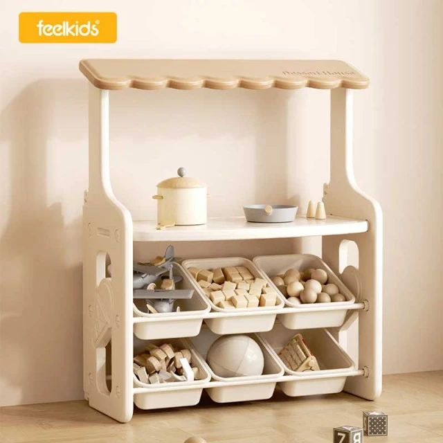 Multifunctional children's stand for role-playing games with tabletop and removable storage boxes, brown