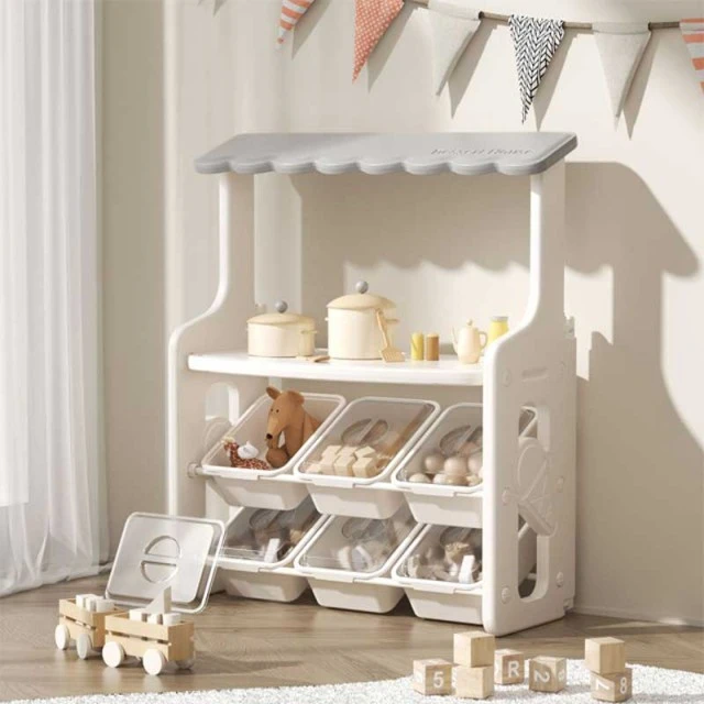 Multifunctional children's stand for role-playing games with tabletop and removable storage boxes, gray