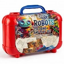Robots art case with 10 colored pencils, 5 stamps and puzzle stickers for decoration
