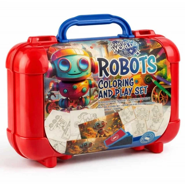 Robots art case with 10 colored pencils, 5 stamps and puzzle stickers for decoration
