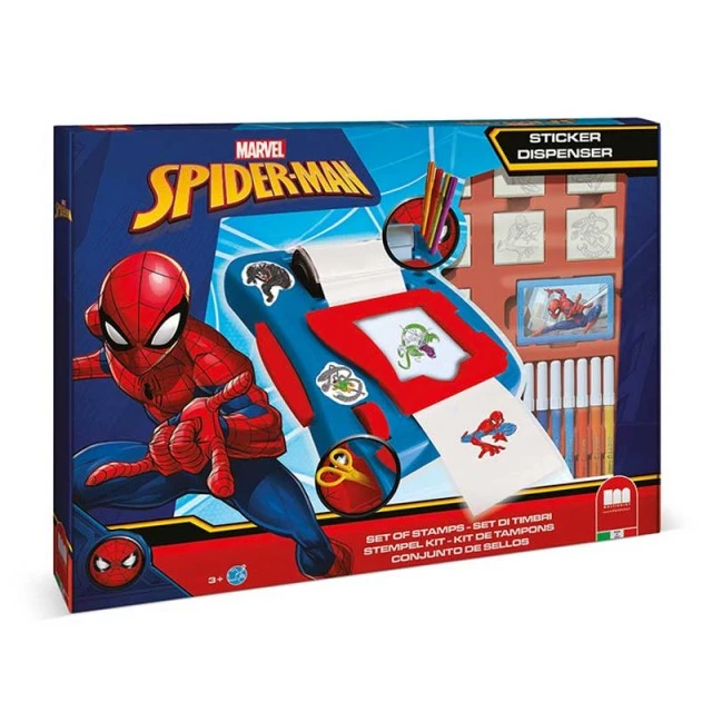 Spiderman sticker creation kit with 12 felt-tip pens, 50 stickers, 7 stamps and a coloring book