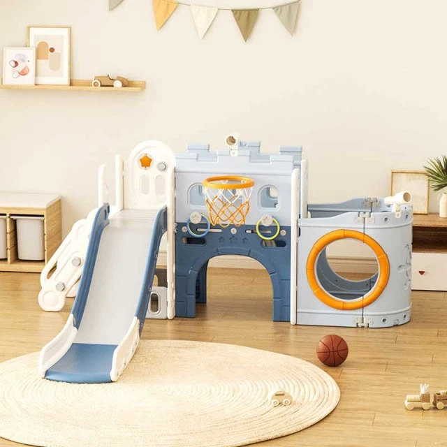 Multifunctional children's center Ship with slide, tunnel and basketball hoop - blue