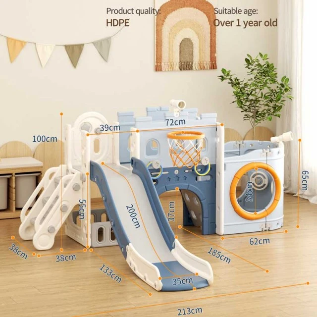 Multifunctional children's center Ship with slide, tunnel and basketball hoop - blue