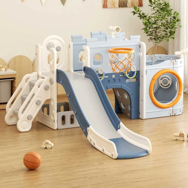 Multifunctional children's center Ship with slide, tunnel and basketball hoop - blue